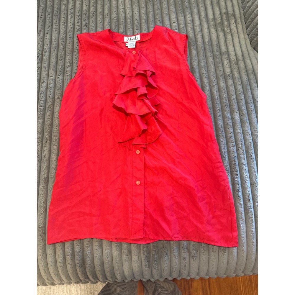 Rafaella Womens Red 100% Silk Sleeveless Ruffle Front Button Up Blouse Top Sz 6